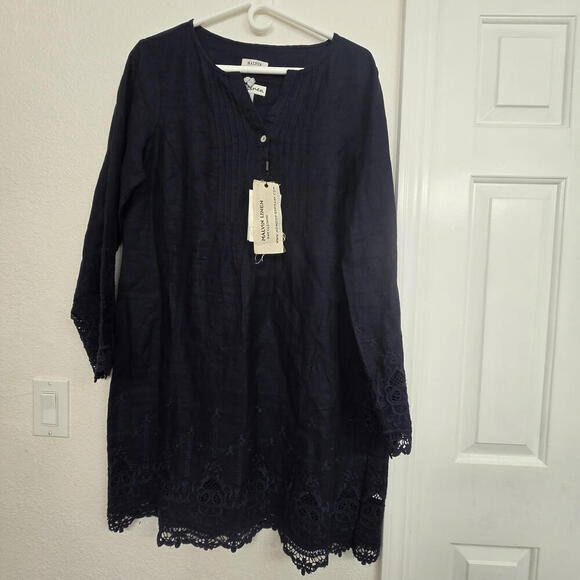 Dresses & Skirts - NWT Malvin 100%Linen DarkNavy Long Sleeve Shift Tunic Dress V-neck Embroidered L